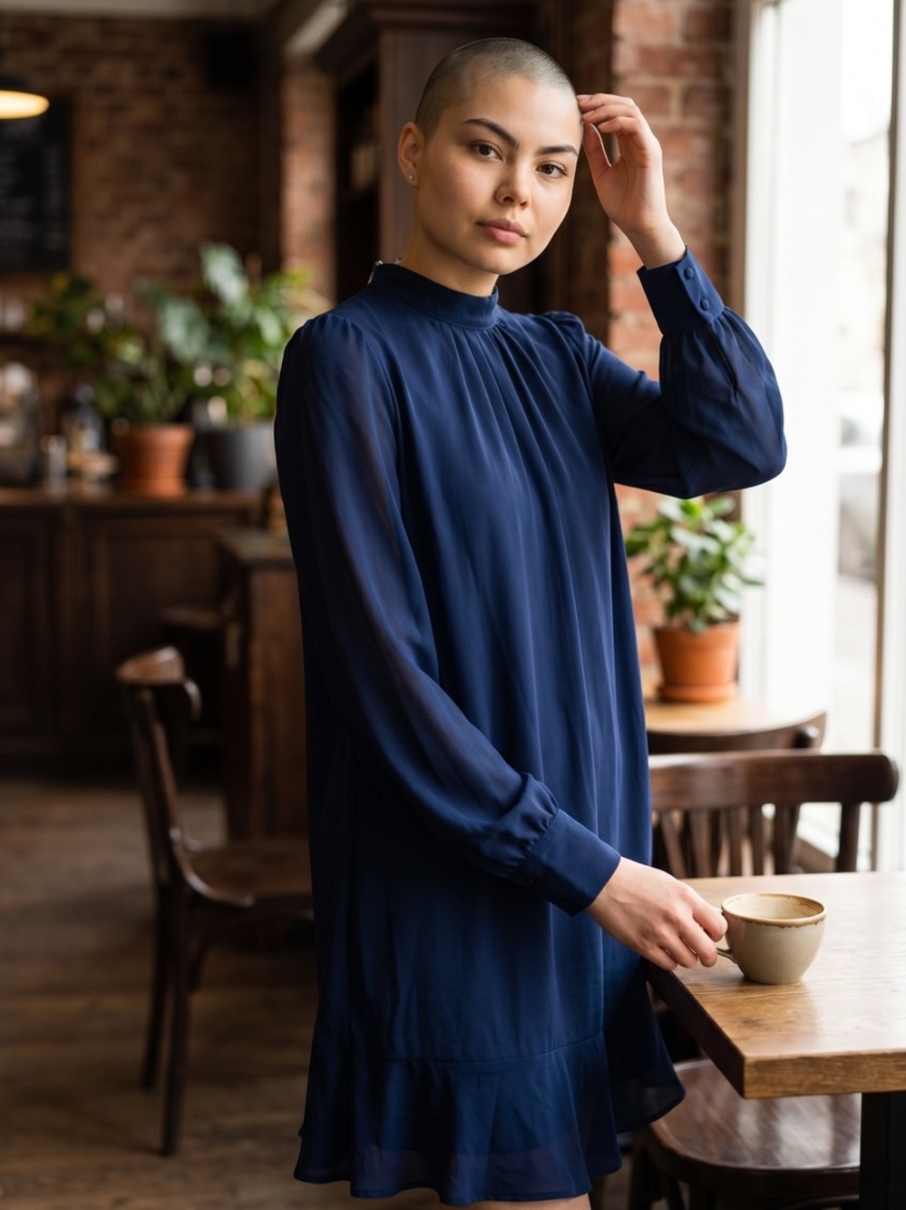 She + Sky Navy Long Sleeve High-Neck Shift Dress